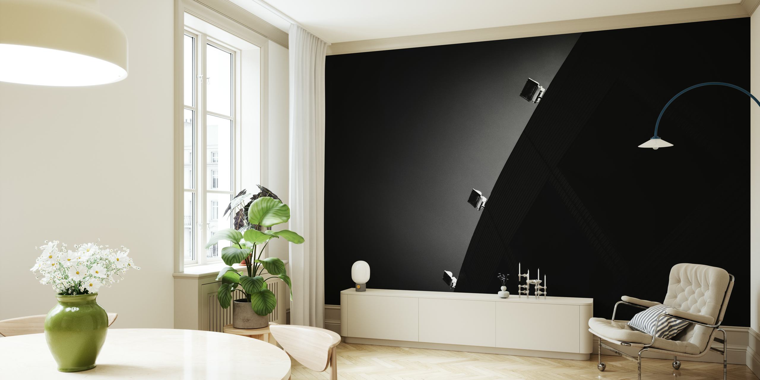 Abstract black and white design with dramatic curves and lights wallpaper